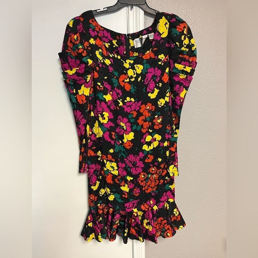 Vintage 1980s JILL RICHARDS Neon Floral Colorful 100% Silk Mini Dress 2 - Picture 5 of 11
